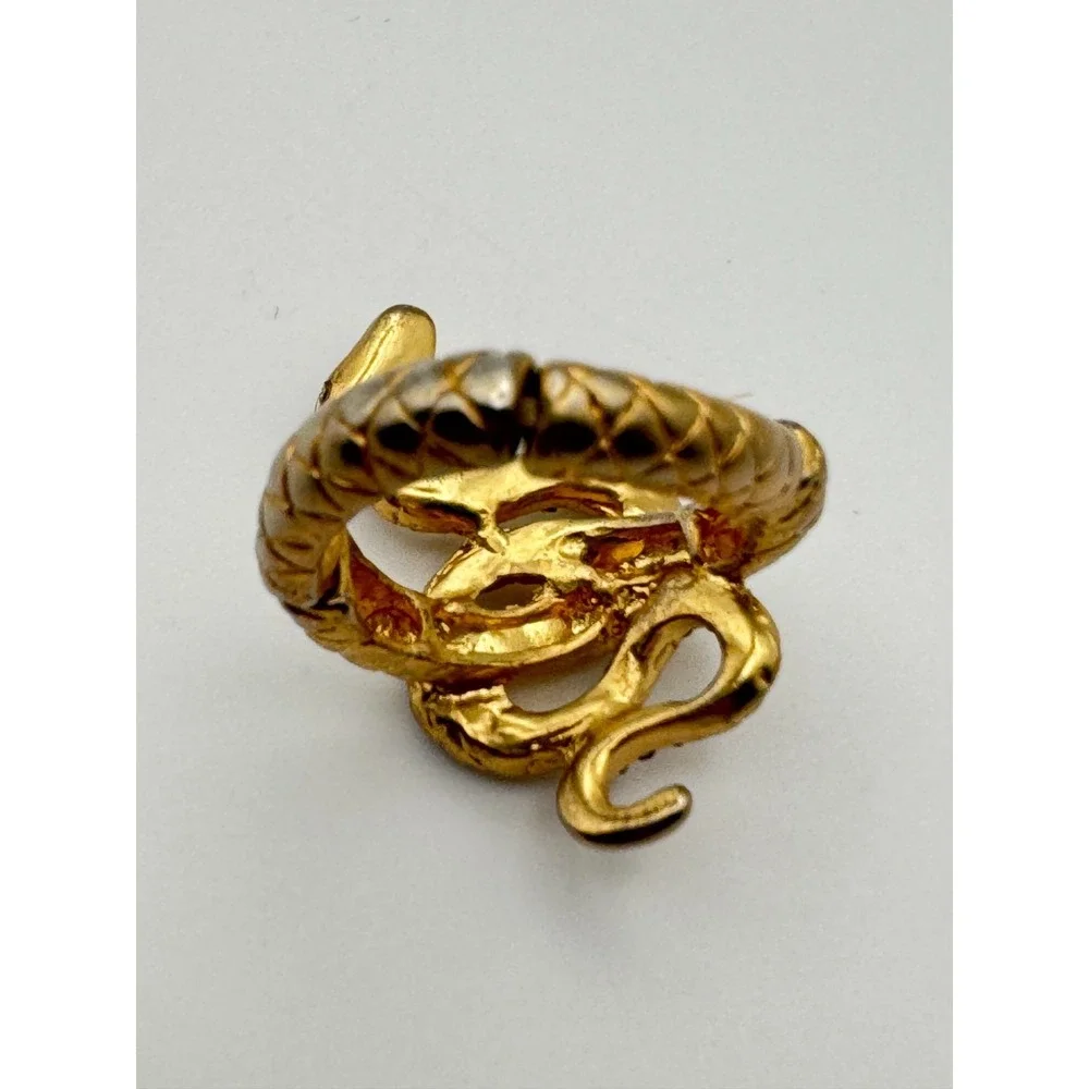 Vintage Snake Ring Gold Tone Adjustable Stretch Band Rhinestone Serpent READ